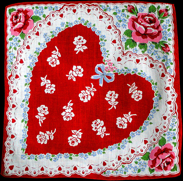 Hearts Roses Forget-Me-Nots Vintage Valentine Handkerchief