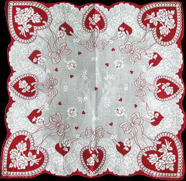 Lacy Hearts Bows Roses Vintage Valentine Handkerchief