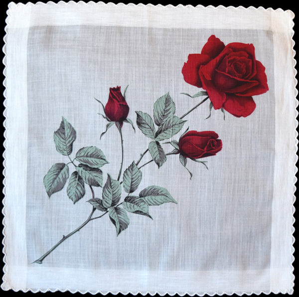 Cane of Red Roses Vintage Handkerchief New Old Stock