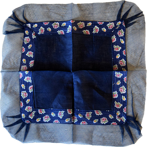 Navy Floral Mesh Lace Vintage Linen Handkerchief