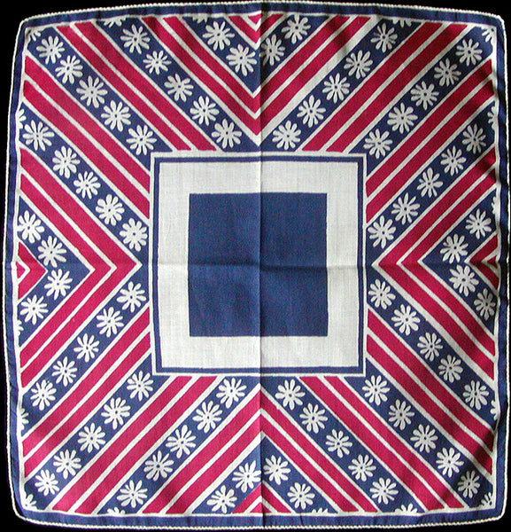 Abstract Red White Blue Floral Vintage Handkerchief
