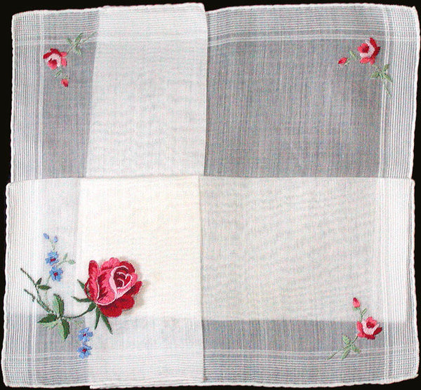 Embroidered Rose Applique Vintage Handkerchief, NOS