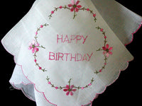 Embroidered Happy Birthday Vintage Handkerchief, NOS