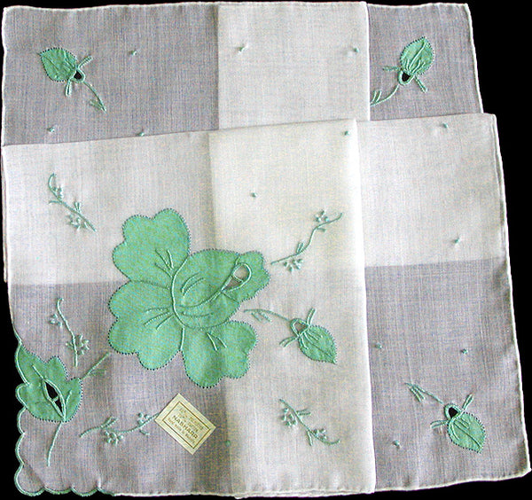 Embroidered Applique Green Roses Vintage Handkerchief, Madeira