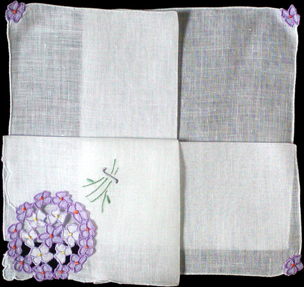 Hydrangea Organdy Applique Cutwork Vintage Handkerchief, Madeira Embroidery
