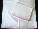 Pair Vintage Pillowcases w Pink and White Crochet Lace Trim