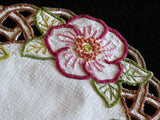 Embroidered Floral and Cutwork Vintage Linen Doily 12x13 Oval