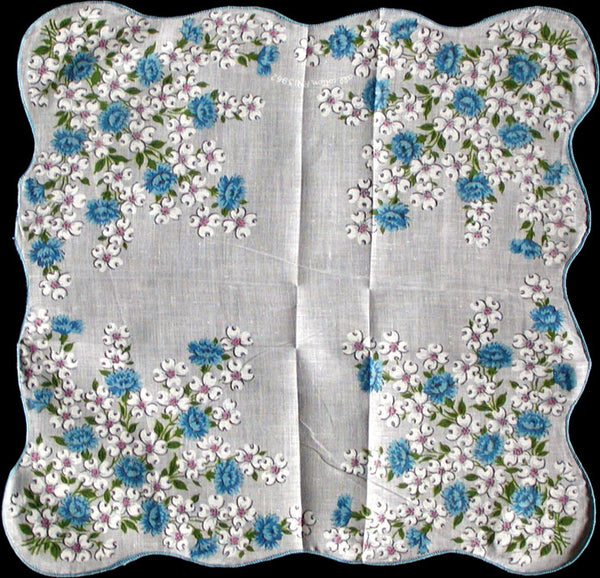 Dogwood and Blue Floral Vintage Floral Handkerchief