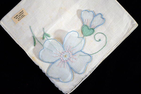 Detached Blue Organdy Flower Applique Vintage Madeira Linen Handkerchief