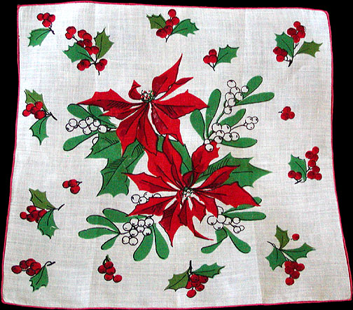 Red Poinsettias Vintage Christmas Handkerchief