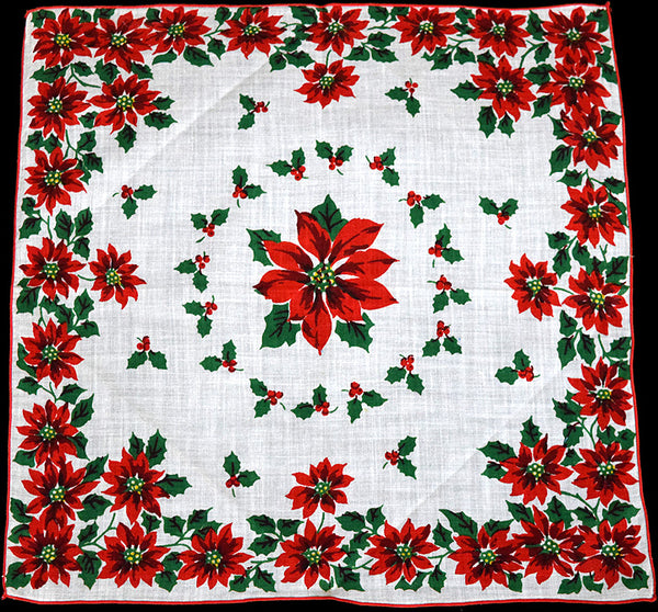 Christmas Poinsettias Vintage Handkerchief, New Old Stock
