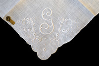 Monogram G Vintage Linen Handkerchief Madeira White Embroidery