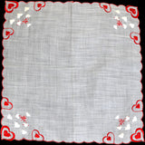 Embroidered Red and White Hearts Vintage Valentine Handkerchief