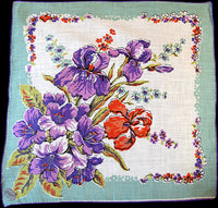 English Garden w Irises Lilies Vintage Handkerchief