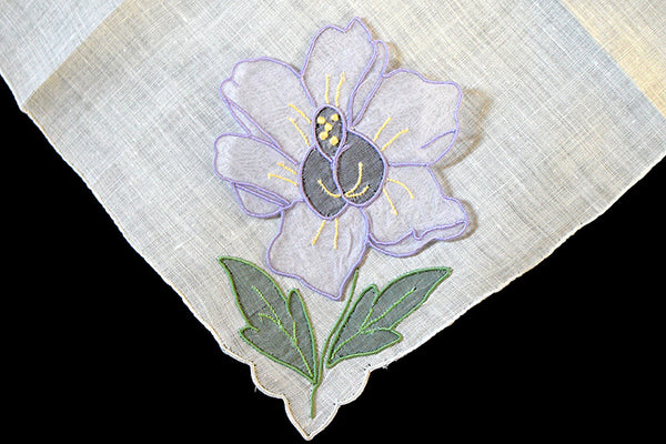Madeira 3D Organdy Lavender Rose Applique Vintage Handkerchief
