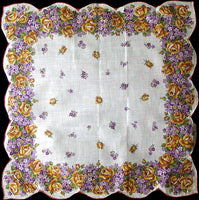 Violets Yellow Roses Vintage Handkerchief New Old Stock