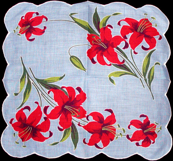 Red Lilies on Blue Vintage Handkerchief
