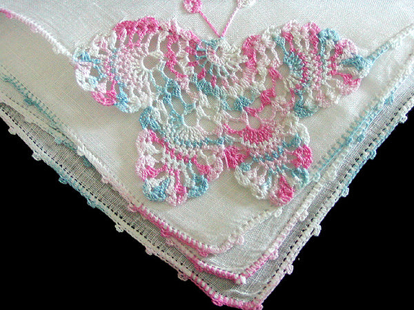 Blue & Pink Variegated Crochet Lace Butterfly Vintage Linen Handkerchief