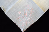 Monogram N Vintage Linen Handkerchief Pink Madeira Embroidery