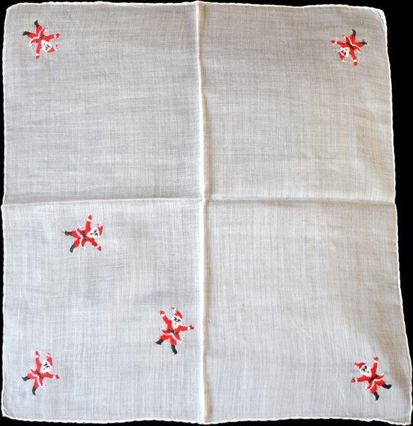 Embroidered Santas Vintage Christmas Handkerchief