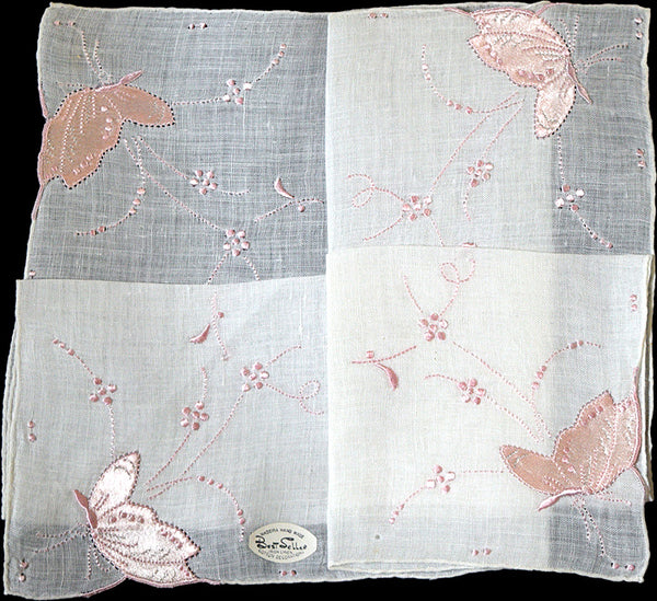 Pink Satin Butterflies Vintage Irish Linen Handkerchief, Madeira