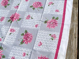 Gray & White Checkered Dahlias Vintage Tablecloth, Startex 46x48