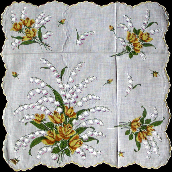 Yellow Roses and Lily of the Valley Vintage Floral Handkerchief