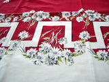 Geometric Border of Daisies Vintage Tablecloth 53x60