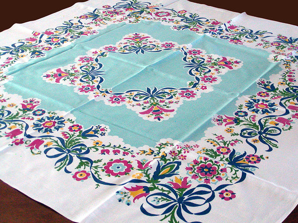 Blue Ribbons Bows Floral Vintage Tablecloth 50x51