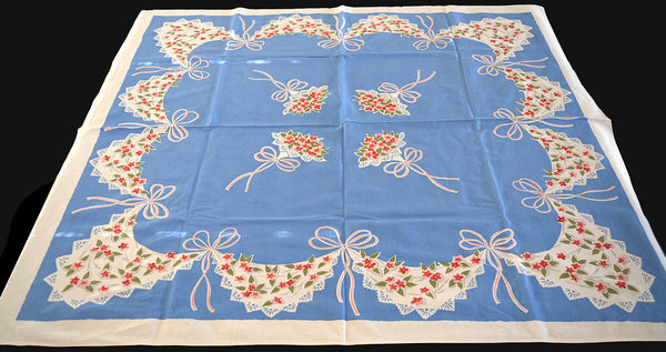 Bridal Swags and Tussie Mussies Vintage Tablecloth 46x50