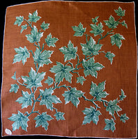 Burmel Green Leaves Brown Irish Linen Vintage Handkerchief