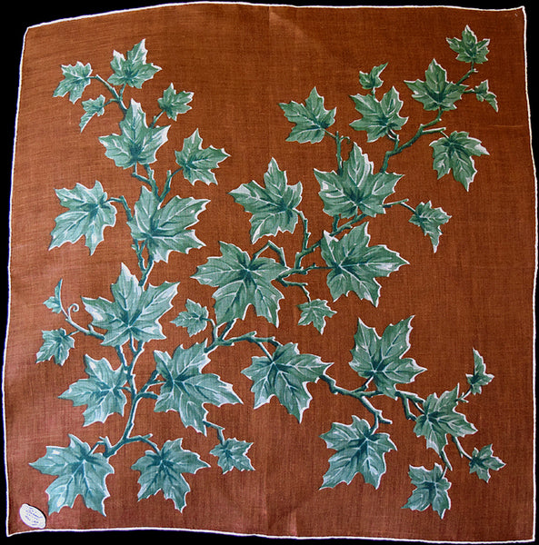 Burmel Green Leaves Brown Irish Linen Vintage Handkerchief