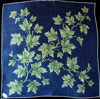 Burmel Green Leaves Blue Irish Linen Vintage Handkerchief