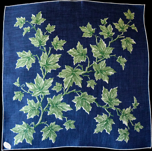 Burmel Green Leaves Blue Irish Linen Vintage Handkerchief