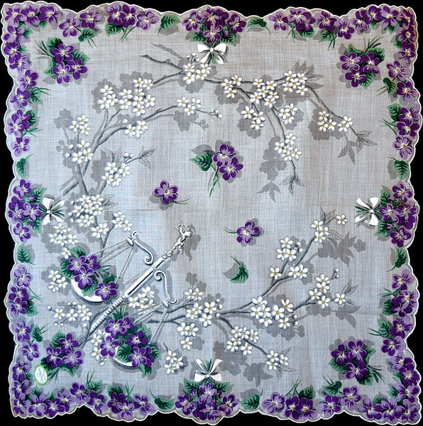 Scales of Justice Violets Vintage Handkerchief Carol Stanley New Old Stock