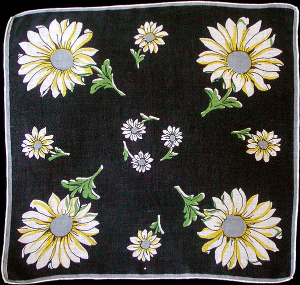 Daisy Flowers Black Irish Linen Vintage Handkerchief