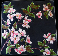 Pink Dogwood Black Irish Linen Vintage Handkerchief