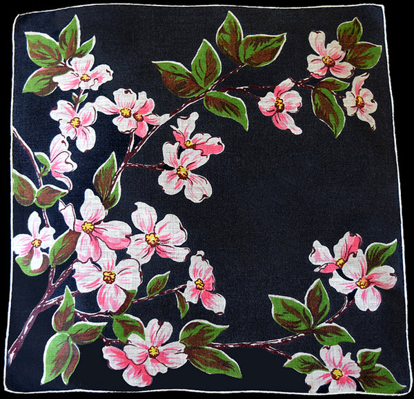 Pink Dogwood Black Irish Linen Vintage Handkerchief