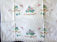 PR Vintage Pillowcases Embroidered Flower Pots Crochet Lace
