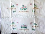 PR Vintage Pillowcases Embroidered Flower Pots Crochet Lace