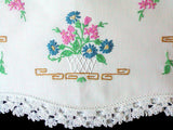 PR Vintage Pillowcases Embroidered Flower Pots Crochet Lace