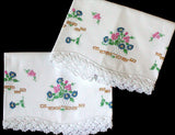 PR Vintage Pillowcases Embroidered Flower Pots Crochet Lace