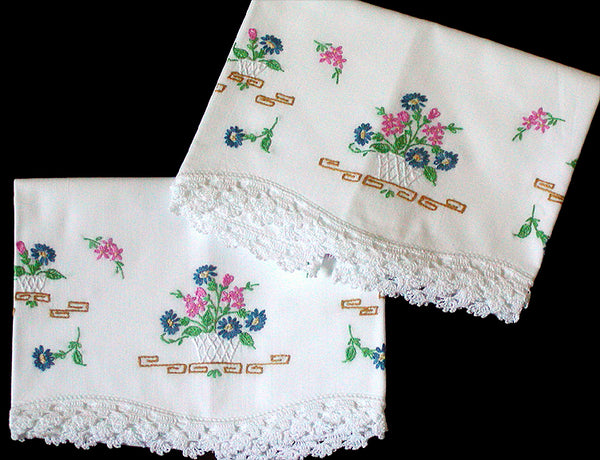 PR Vintage Pillowcases Embroidered Flower Pots Crochet Lace