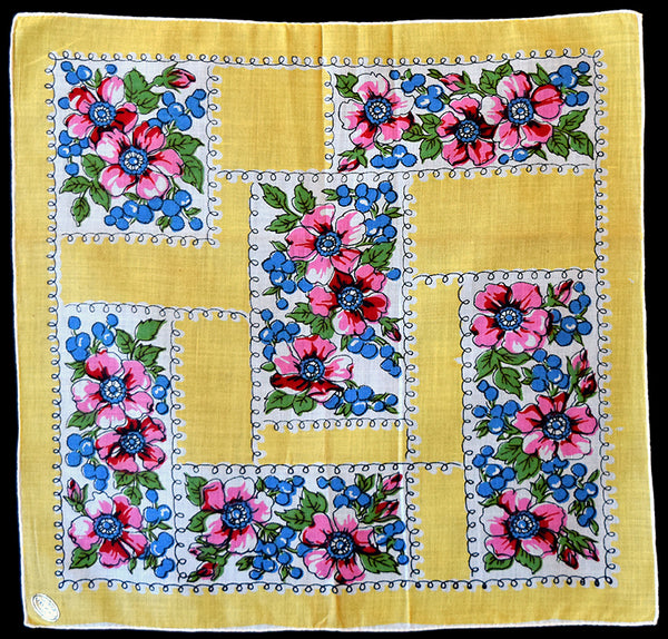 Curlicue Plots Berries Flowers Vintage Handkerchief New Old Stock