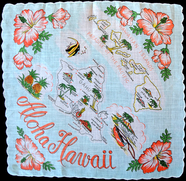 Aloha Hawaii Islands Vintage Souvenir State Map Handkerchief