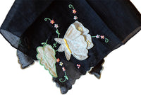 Organdy Applique Butterflies on Black Vintage Handkerchief Madeira