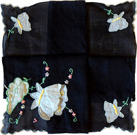 Organdy Applique Butterflies on Black Vintage Handkerchief Madeira