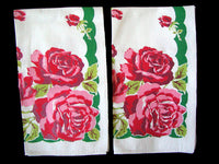 Green Border Pink Roses Vintage Startex Kitchen Towels, Pair
