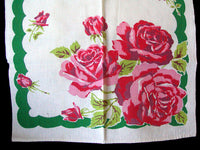Green Border Pink Roses Vintage Startex Kitchen Towels, Pair