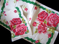 Green Border Pink Roses Vintage Startex Kitchen Towels, Pair